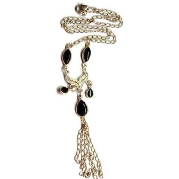 17" Necklace Filigree Black Onyx Teardrop Dangle Chain Vtg Sterling Silver 925 - Picture 3 of 9